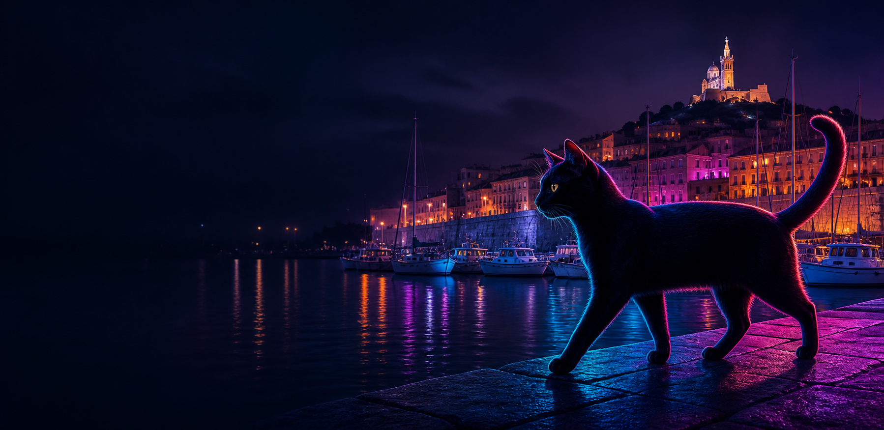 Illustration nocturne de ChatÉmois à Marseille