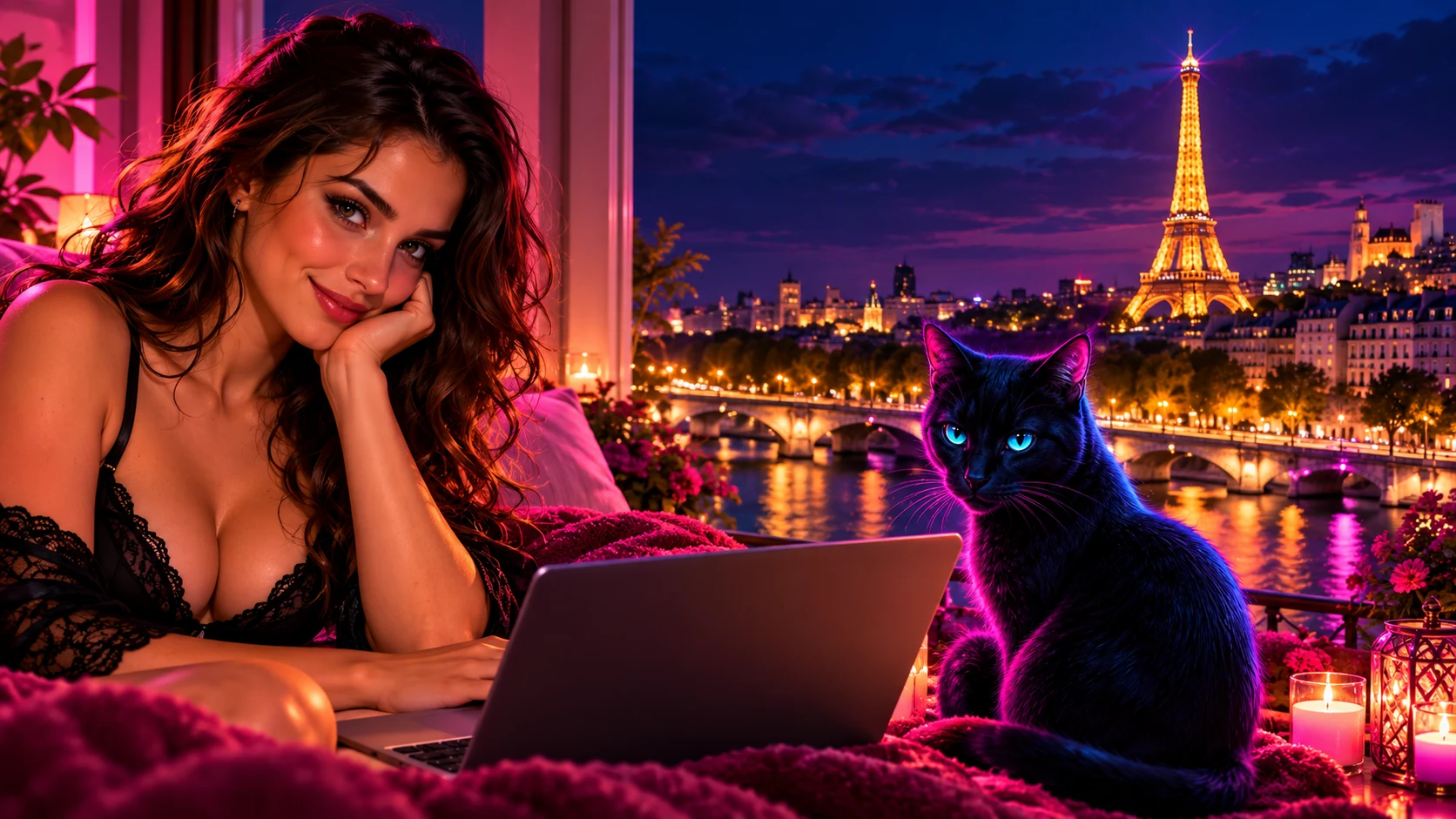 Femme et chat noir devant Paris, la Seine et la tour Eiffel illuminée de nuit